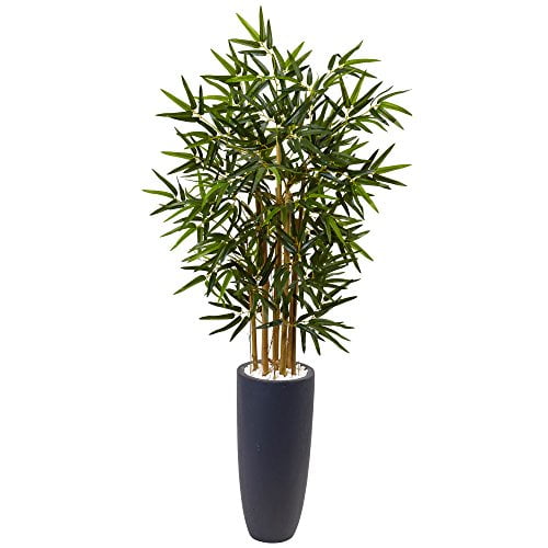 Nearly Natural 4ft. Bamboo Tree in Gray Cylinder Planter Artificial Plant, Green