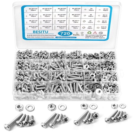 Besitu 720Pcs Machine Screw Assortment Kit, 10-24#8-32#6-32#4-40 Phillips Pan Head Assorted Nuts Bolts and Flat Washers Kit, Stainless Steel Screws Hardware Assortment with Case