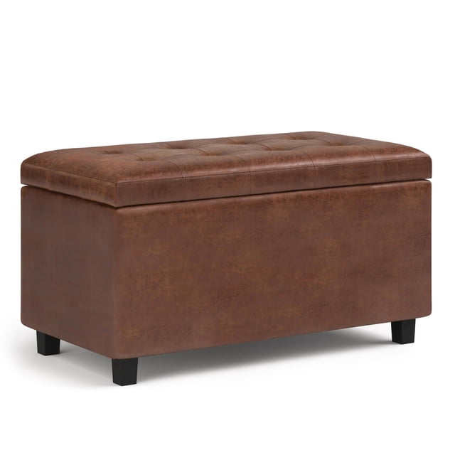 SIMPLIHOME Cosmopolitan Ottomane de Rangement Rectangulaire à Dessus Relevable de 34 Pouces de Large en Similicuir Capitonné Brun Selle Vieilli, Repose-Pieds Tabouret, Table Basse pour Salon, Chambre et Chambre d'Enfant