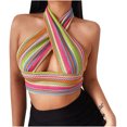thumbnail image 1 of Fridja Lady Color Striped Sleeveless Halter Halter Slim Knit Cross Top, 1 of 5