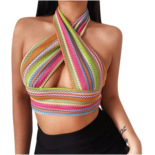 Fridja Lady Color Striped Sleeveless Halter Halter Slim Knit Cross Top