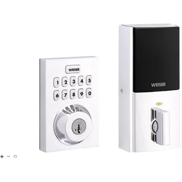 Weiser HomeConnect 620 Traditional Deadbolt with Z-Wave Technology in polished chrome finish. The deadbolt features a numeric keypad with backlit keys for nighttime visibility, a SmartKey re-key technology for easy re-keying, and a motorized locking mechanism for one-touch operation. The sleek metal housing ensures durability and security. Compatible with Z-Wave panels and hubs, it offers S2 Enrollment for enhanced network security and supports up to 250 user access codes. Includes a MasterCode for advanced feature management and fits standard residential door preparations.
