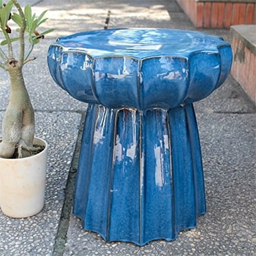 International Caravan OPG-066-NV Round Scalloped Ceramic Garden Stool - Navy Blue