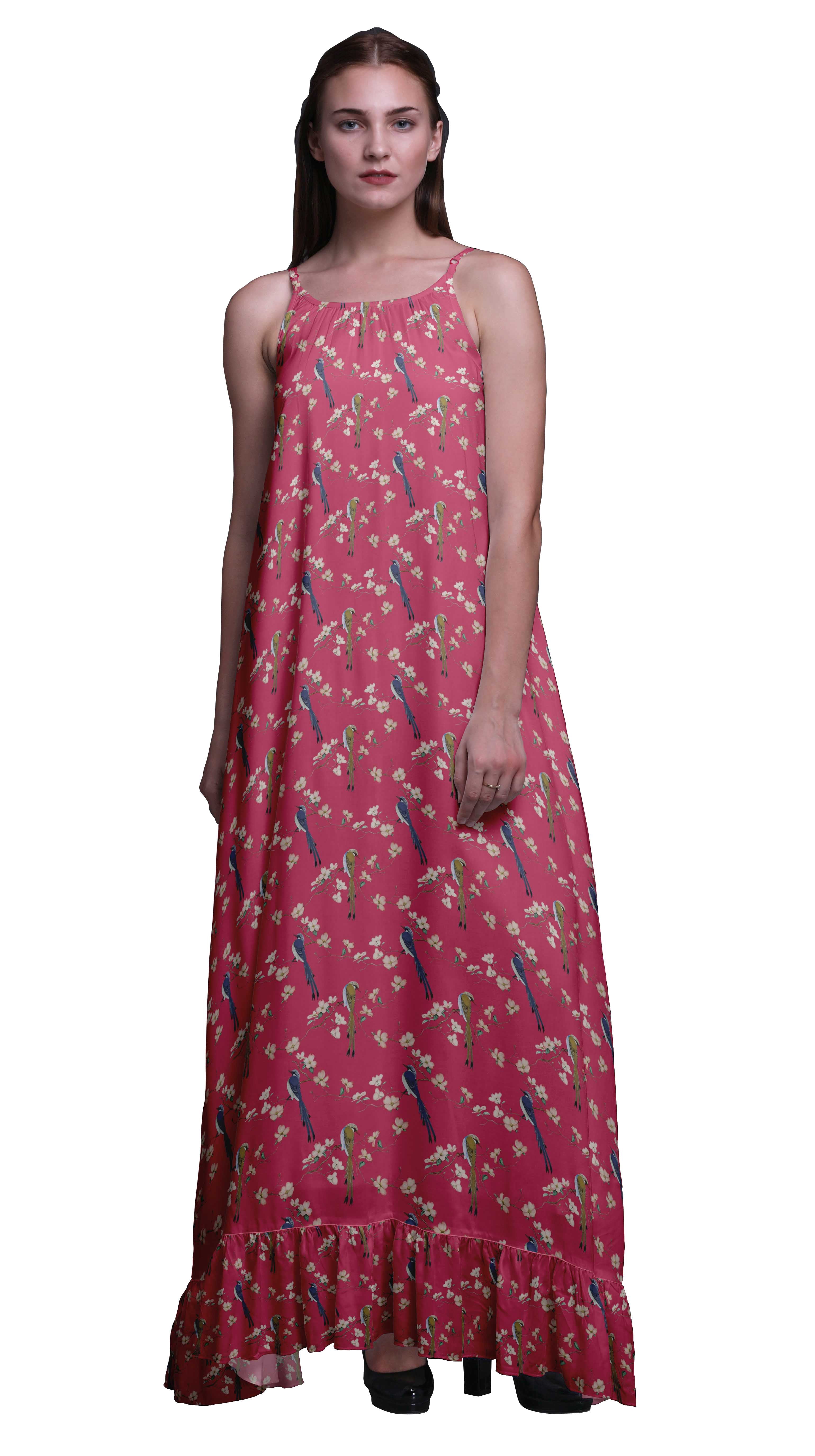 Bimba Robe de Nuit Imprimée Whydah Rose Oiseau Floral et Paradis pour Femmes Longue à Bretelles Spaghetti Robe Maxi Vêtement de Nuit Robe Petite