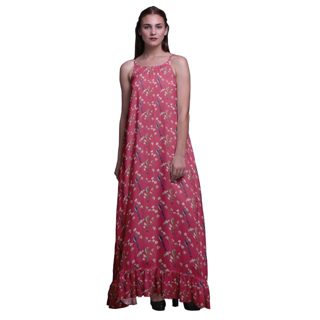 Bimba Robe de Nuit Imprimée Whydah Rose Oiseau Floral et Paradis pour Femmes Longue à Bretelles Spaghetti Robe Maxi Vêtement de Nuit Robe Petite