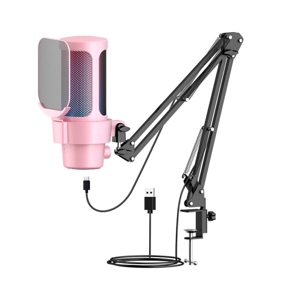 TFixol Pink M8-35 USB Microphone with RGB Lighting, Adjustable Arm, Heart-Shaped Pickup, Plug & Play, Pop Filter, Volume Boost, 192kHz/24bit, Ideal for Gaming, Singing, and Mobile Live Streaming