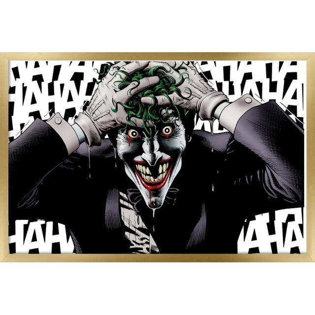 DC Comics - The Joker - Affiche Murale Folle, 22,375 Po x 34 Po Présente une illustration de Bande Dessinée du Joker Orientée vers l'Avant avec des Cheveux Verts et des Gants Blancs Serrant la Tête, des Yeux Larges, un Sourire à Dents Nettes avec des Lèvres Rouges, des Détails Qui Coulent, sur un Fond Blanc avec Texte Noir Répétitif « HA HA », Encadré en Bois Clair, Idéal pour la Déco Maison et l'Art Mural.
