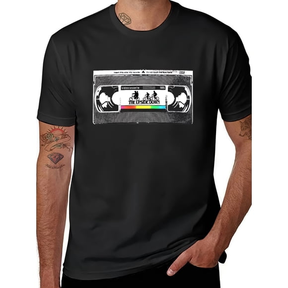 Men's Retro Upside Cassette Tape Graphic Black Vintage 80s Inspired Tee Printed pattern short-sleeved shirt