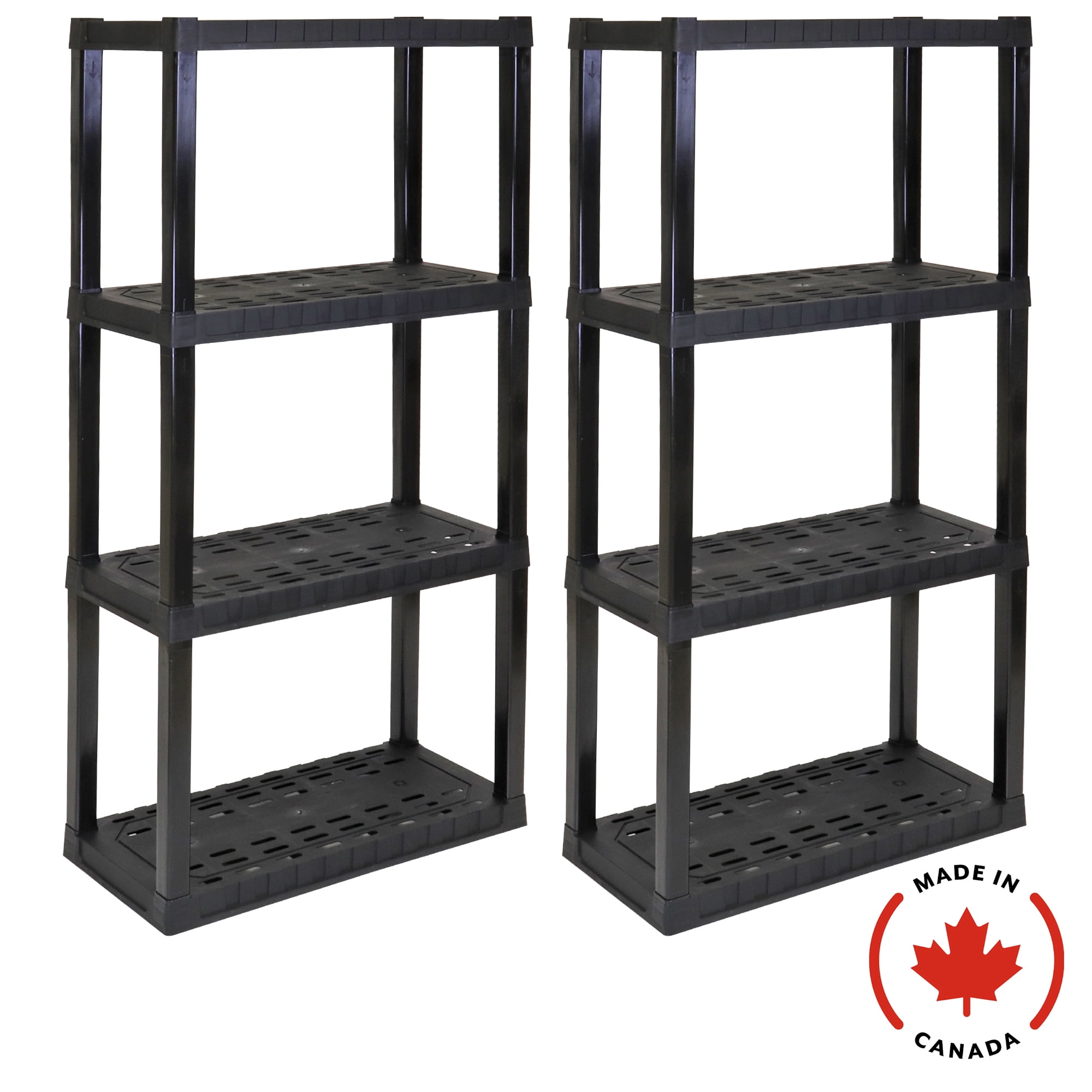 Étagères de garage en plastique ultra-résistant à 4 niveaux (H 145 cm x P 35 cm x L 76 cm), lot de 2, noir, capacité totale de 181 kg.