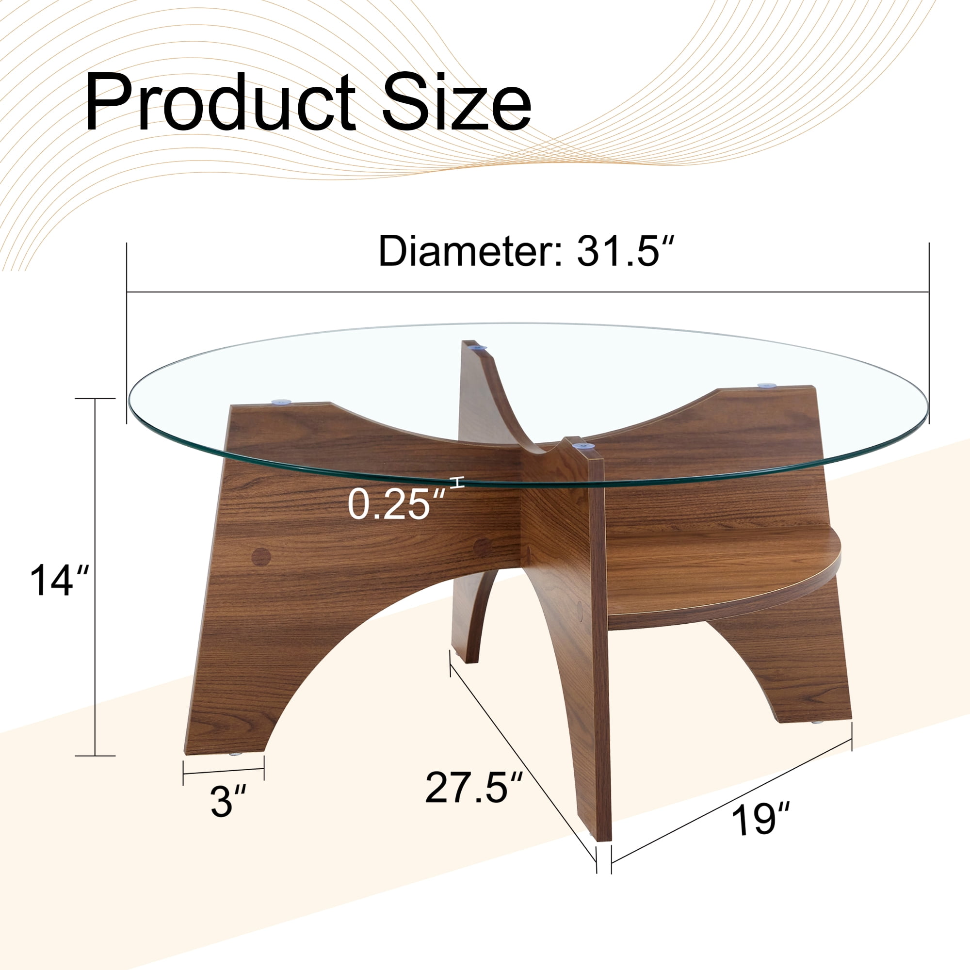 Table basse ronde en verre trempé Noble House 80 cm, support en forme d'éventail, noyer