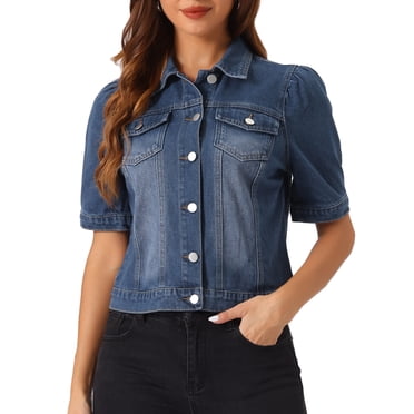 Veste en Jean Décontractée pour Femme à Manches Courtes Bouffantes, Veste en Denim Boutonnée TG Bleu Foncé