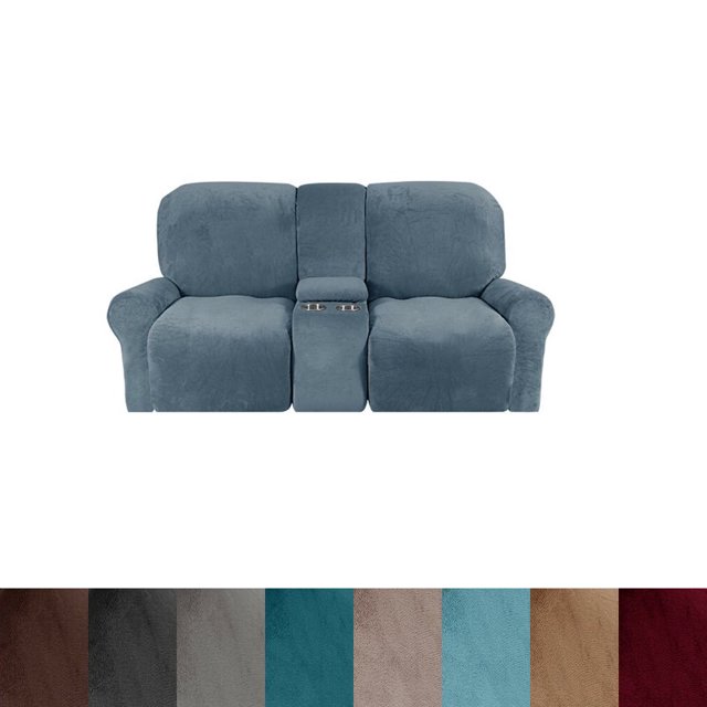 CHOK 2024 Housse de Causeuse Inclinable avec Console Centrale Housse Extensible en Velours pour Fauteuil Inclinable 2 Places avec Porte-Gobelet