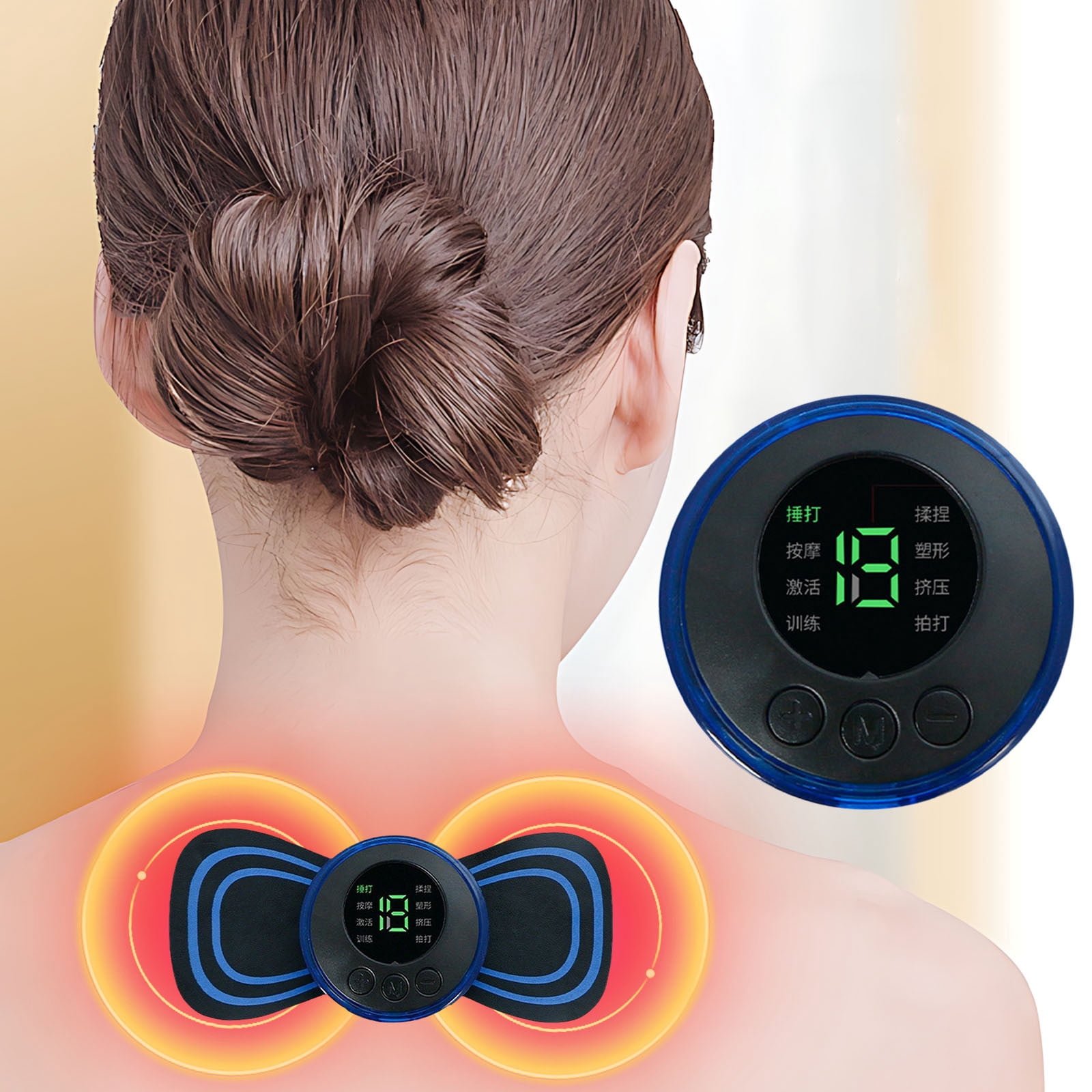 Uscallm Rechargeable Cervical Massager, Mini Pocket Neck and Shoulder Pain Relief, USB Charging Portable Massage Patch for Back Waist Muscle, Removable Washable Heads, LCD Screen Display