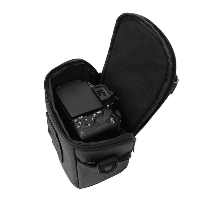Camera Bag Triangle Camera Case Shoulder Case Digital Camera Bag for DSLR SLR Camera. Black nylon bag with a triangular design, featuring a padded interior for shockproof protection. The bag includes a front pocket for accessories like batteries and memory cards, double zippers for easy access, and options for hand carrying, shoulder strap, or buckle attachment. Dimensions: 17 x 11 x 22 cm.