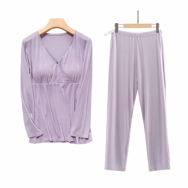 TIMIFIS Maternity Nursing Pajamas Set Short Sleeve Breastfeeding Sleepwear Double Layer Postpartum Top and Pants Set - Spring/Summer