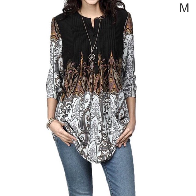 Chemise pour Femmes T-shirt Imprimé Bohème Col Rond Chemise à Col Rond, Noir, M