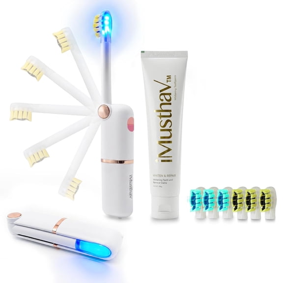 iMusthav Foldable Travel Sonic Electric Toothbrush, Battery Operated Self Cleaning Toothbrush, Blue LED Light & Whitening Toothpaste, 3 Modes, Smart Timer, 6 Brush Heads