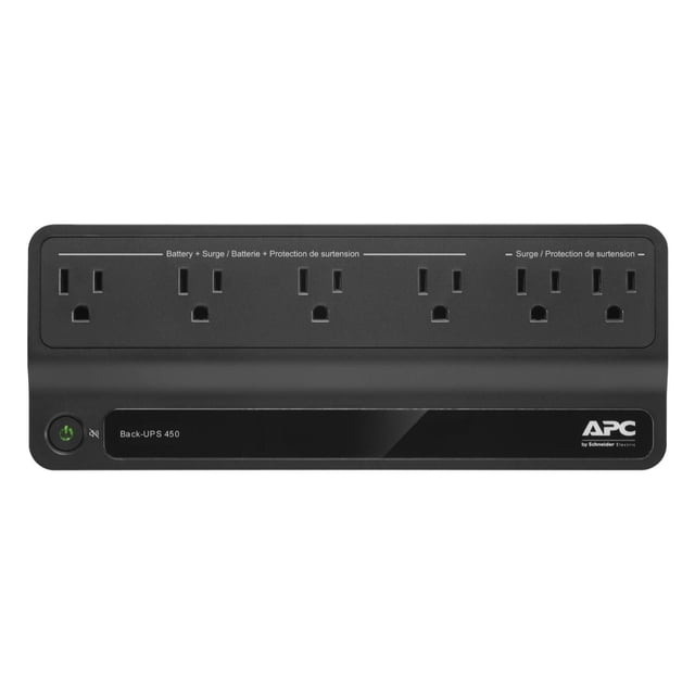 APC Back-UPS Batterie de Secours 450VA avec 6 Prises, Comprenant 4 Prises de Secours par Batterie et Protection contre les Surtensions plus 2 Prises Seulement contre les Surtensions en Noir Mat, Vue Frontale avec Bouton d'Alimentation et logo APC, Conçu pour Protéger et Alimenter les Appareils Électroniques Critiques Lors des Pannes et Surtensions.