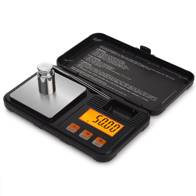 High Professional Digital Milligram Scale 200g/0.01g Portable Jewelry Scale Mini Baking Scale Kitchen Scale with Tool Box Carat Scale. The image shows a compact digital scale with a stainless steel weighing platform and an orange backlit LCD display reading '50.00'. The scale is housed in a black protective case with a 50g calibration weight placed on the platform. Buttons for power, mode, and tare functions are visible below the display.