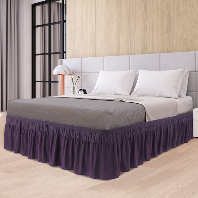 PiccoCasa Polyester Brushed Bed Skirt with Elastic Dust Ruffles 16" Drop, Full Dark Purple