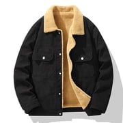 Pisexur Mens Winter Jacket Button Long Sleeve Lapel Winter Coats for Men Casual Trendy Solid Color Fleece Jacket Plus Size Warming Jacket Outerwear with Pockets L-4XL