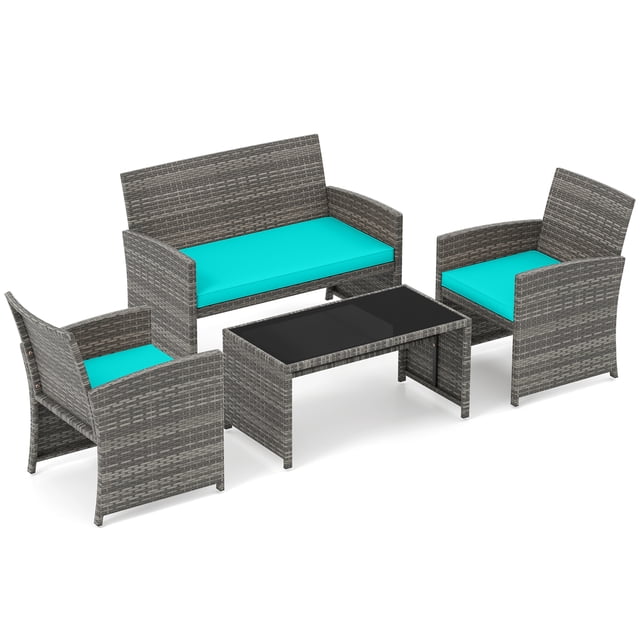 Gymax Set of 4 Patio Conversation Set w/Seat Cushions & Tempered Glass Tabletop Porch Turquoise