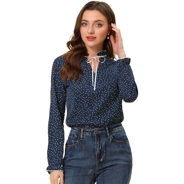 INSPIRE CHIC Blouse à Col à Volants Noué pour Femme Manches Longues Hauts L Bleu Foncé-Pois