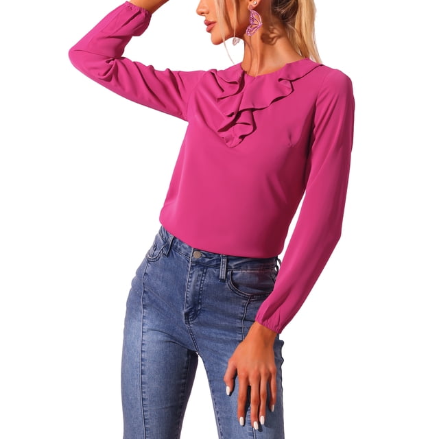 INSPIRE CHIC Women's Ruffle Neck Long Sleeve Blouse Shirts L Hot Pink-Solid