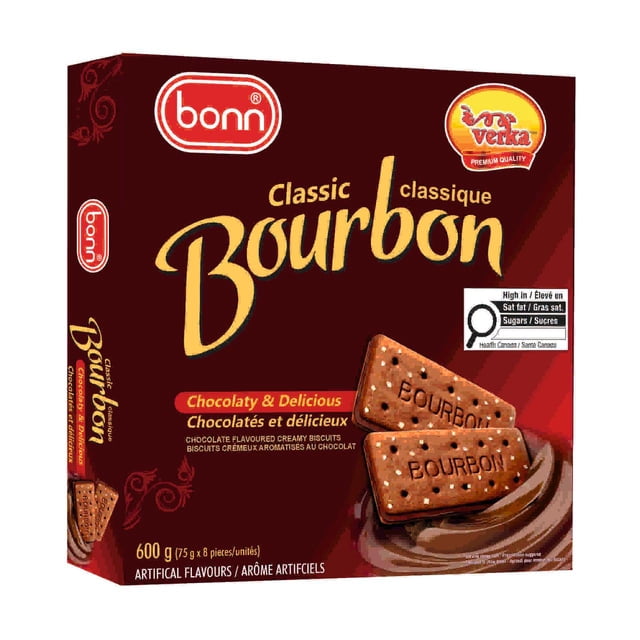 Bonn Biscuits à la Crème Saveur Bourbonn-Chocolat, Boîte de 600 g Présentant Deux Biscuits sandwich Rectangulaires au Chocolat Embossés de « Bourbon » sur Fond Brun Foncé, Mettant en Valeur une Riche Garniture à la Crème au Chocolat, Idéal pour l'Heure du Thé et les Collations, avec logos Bonn et Verka et Informations Nutritionnelles.