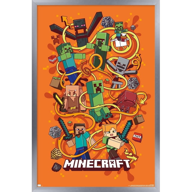 Minecraft - Funtage Wall Poster, 22.375" x 34" with a bright orange background featuring pixelated Minecraft characters including Steve, Alex, Creepers, Enderman, Skeleton, Pig, and various Minecraft blocks like TNT and ores, connected by swirling yellow arrows, printed on glossy paper with a silver frame.