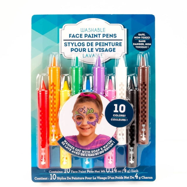 Horizon Group Usa Washable Face Paint Pens set of 10 vibrant colours with precision tips for detailed face and body makeup, non-toxic and washable with soap and warm water, perfect for Halloween, birthday parties, and creative designs in clear plastic packaging.
