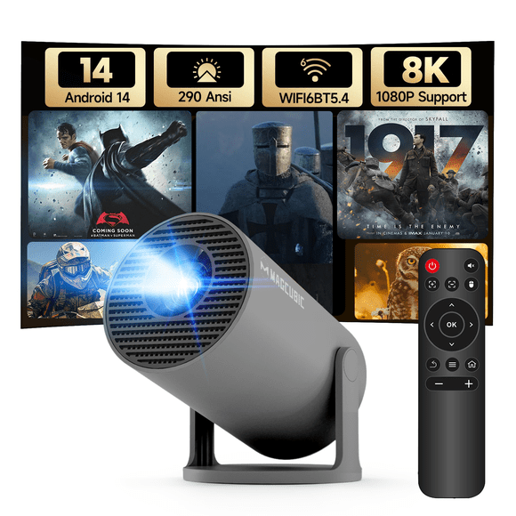 Magcubic Mini Projector 8K 1080P Support with WiFi 6 & BT 5.4 290 ANSI Brightness, Auto Keystone, 180 Degree Rotation, Portable Projector for Home Theater & Outdoor Movies HY300Pro Grey
