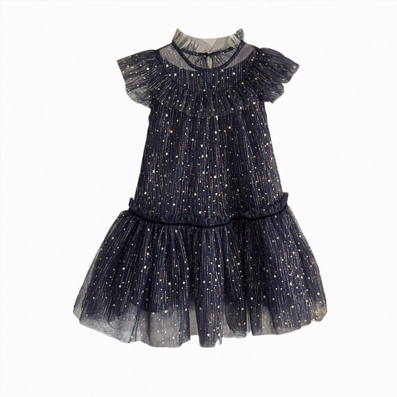 NIEWTR Baby Girls Solid Color Tulle Dress Star Pattern Trim Tutu Dress Toddler Casual Party Dresses(Dark Blue,5-6 Years)