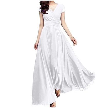 Ersazi Strapless Dress Women's V-Neck Color Short Sleeve Chiffon Waist Closing Evening Dress On Clearance White Xl