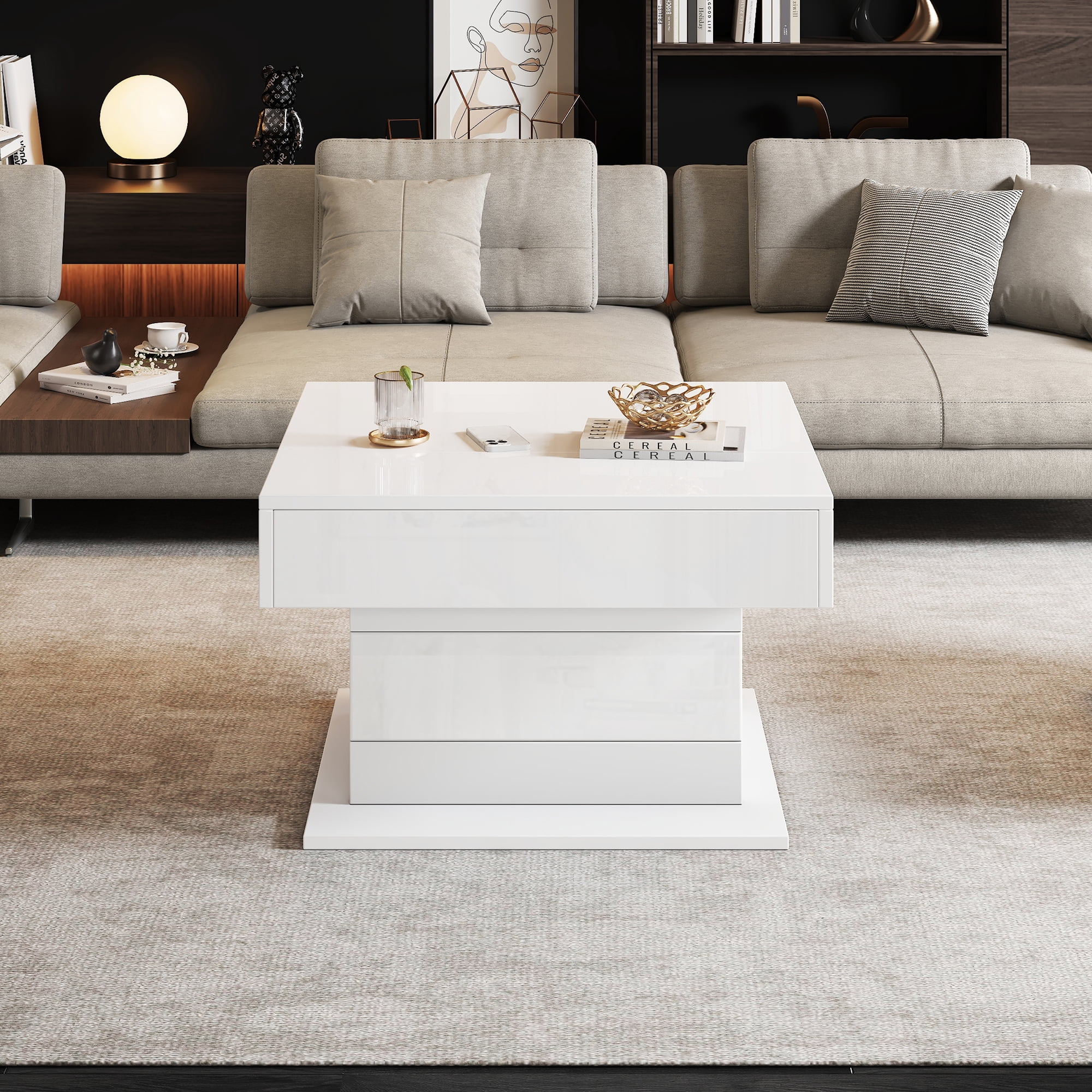 Table basse pivotante Noble House, plateau relevable brillant à 360°, blanche