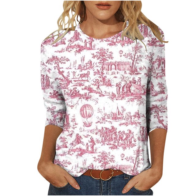 Pompotops T-shirt Ample Imprimé pour Femme Blouse à Manches 3/4 Col Rond Hauts Décontractés en Solde