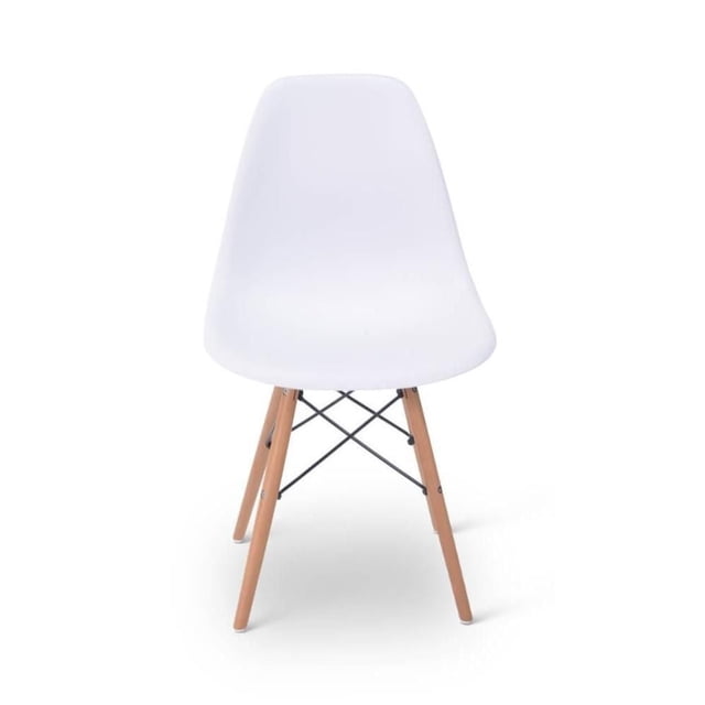 EIFFEL KIDS CHAIR WITH WOOD with a white polypropylene molded seat and natural wood legs supported by black metal crossbars, shown front-facing on a white background, ideal for kitchen and dining seating and often used as a compact study chair for children.
