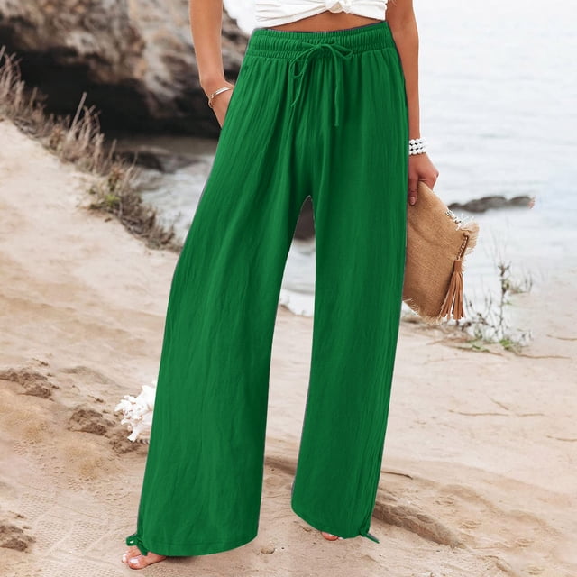 asjyhkr Wide Leg Pants for Women Plus Size Drawstring High Waist Pants with Pockets Loose Casual Trousers