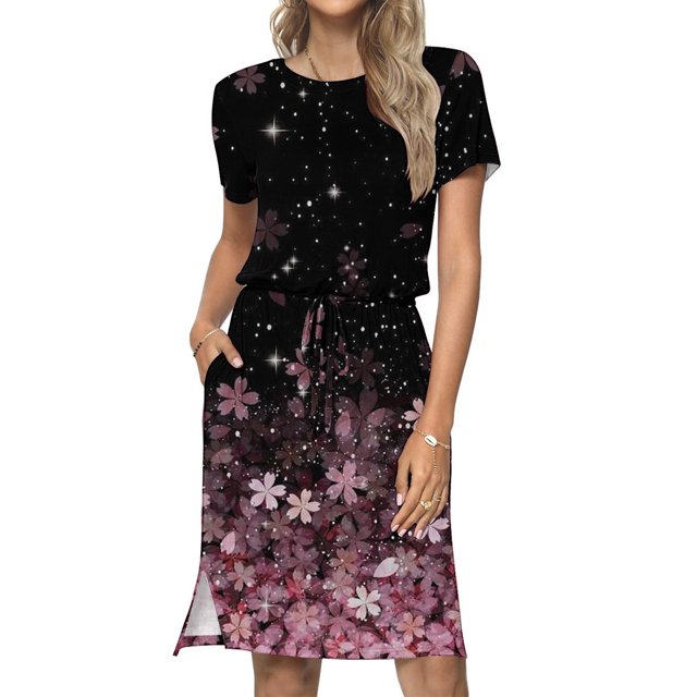 Fshaion Robe d'Été pour Femmes 2024 Grande Taille Décontractée Col Rond Bretelles Manches Courtes Imprimé Floral Robe Ample avec Poche Liquidation à Moins de 10!
