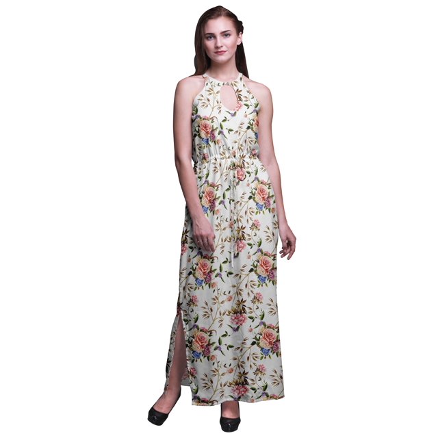 Bimba Robe Maxi à Imprimé Floral pour Femmes, Col Rond, Taille à Cordon, avec Fentes Latérales, Tenue d'Été - Très Petit