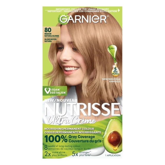 Garnier Nutrisse Teinture Capillaire Permanente Ultra Crème Teinte 80 Blond Moyen Naturel, Enrichie de Cinq Huiles de Fruits, Dont l'Avocat, Offrant une Couverture 100 % des Cheveux Gris et une Couleur Vive Longue Durée jusqu'à 8 Semaines avec une Brillance et une Force Accrues, Formule Végane et Résistante à la Décoloration en une application.