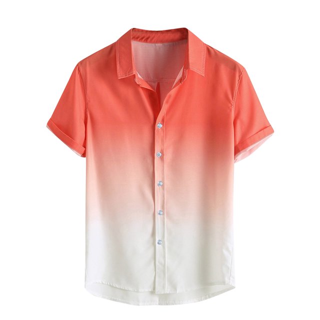 FAIWAD Men's Gradient Shirts Short Sleeve Button Down Lapel Tops Summer Casual Lightweight Breathable Shirts. The shirt showcases a gradient design blending orange at the top into white at the bottom, with short sleeves, a button-down closure, and a lapel collar. Crafted from lightweight polyester, it is ideal for casual summer outings. Presented against a plain white background.