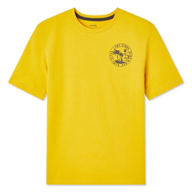 George T-shirt Graphique pour Garçons en Jaune avec Encolure Ras du Cou et Manches Courtes, Fabriqué en Tricot jersey 100 % Coton, Présentant un Petit Graphique Circulaire Noir « Vibes de Surf » avec Palmier sur la Poitrine Gauche et un Ourlet Droit, Convient au Port Décontracté au Quotidien.