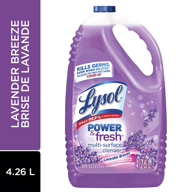 Lysol® Multi Surface Cleaner Pourable - Power & Fresh™ Lavender Breeze in a 4.26 L purple plastic jug with a blue screw cap and ergonomic handle, kills 99.9% of viruses and bacteria including COVID-19, suitable for disinfecting and deodorizing hard, non-porous surfaces with a fresh lavender scent.