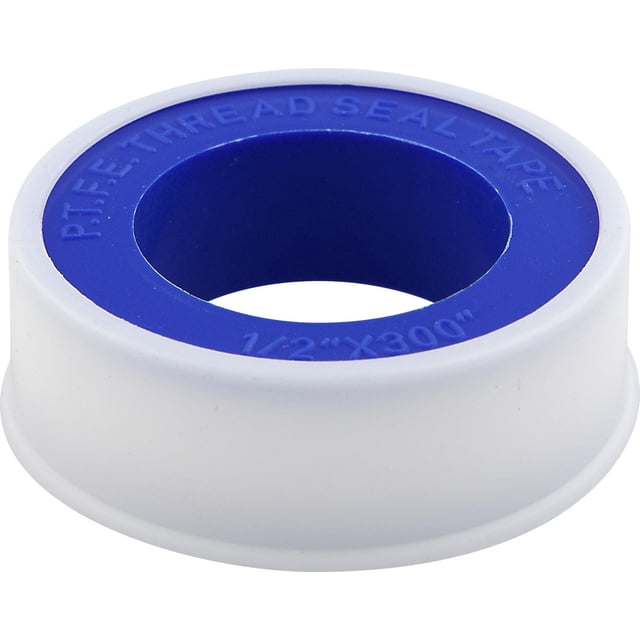 Peerless Thread Seal Tape, 1/2-In x 300-In, close-up of a white spool with a blue inner ring embossed with 'PTFE THREAD SEAL TAPE' and size markings, used for sealing threaded pipe connections to create leak-proof plumbing joints and allow easy disassembly.