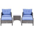 thumbnail image 1 of Outsunny 5 Pieces Wicker Patio Furniture Sofa Set Thick Padded Cushions, Outdoor PE Rattan Conversation Coffee Set with Armchairs, Footstools and Glass Top Table, Blue, 1 of 10