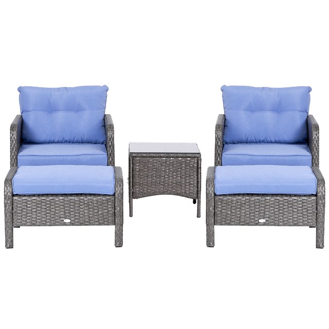 Outsunny 5 Pieces Wicker Patio Furniture Sofa Set Thick Padded Cushions, Outdoor PE Rattan Conversation Coffee Set with Armchairs, Footstools and Glass Top Table, Blue