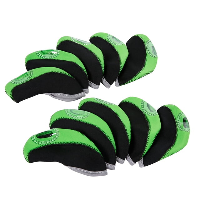 10pcs Neoprene Golf Iron Head Covers in green and black, made from waterproof neoprene material with a stylish viewable window design. These golf accessories fit most iron heads, protecting them from scratches and damage during travel. Includes 10 headcovers, suitable for golf training equipment and enthusiasts.