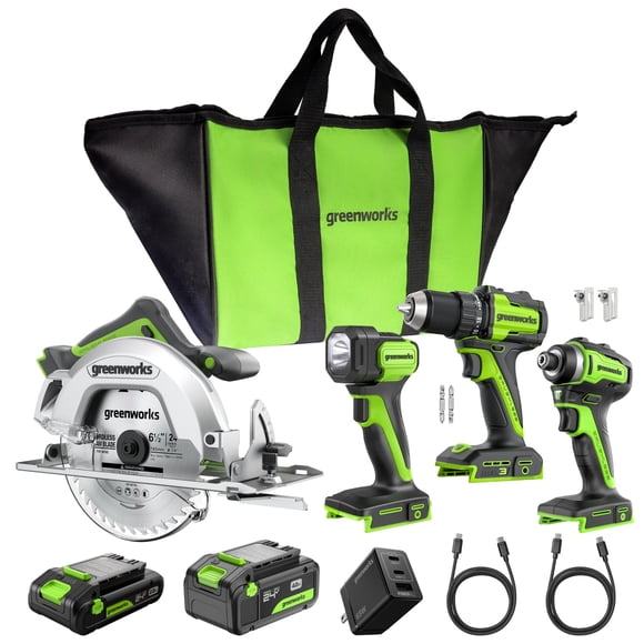 Greenworks Perceuse / Perceuse Sans Fil Sans Balais 24V 400 Po / Perceuse à Percussion +1950 Po / Perceuse à Impact +Scie Circulaire 6,5 Pouces +Lampe de Poche 200LM, Batteries 2,0ah + 4,0ah (Banque d'Alimentation 24 000mAh) et Chargeur USB-C 65W