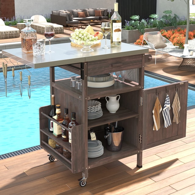 Chariot de Gril Extérieur Brun avec Table en Acier Inoxydable et Armoire de Rangement - Chariot de Cuisine de 40,5 Pouces